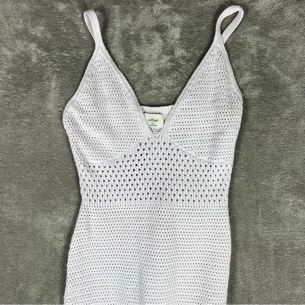 Aritzia Dress Womens XS Wilfred Evie Crochet Pastel Boho Whimsical Midi Lavender - Picture 2 of 12